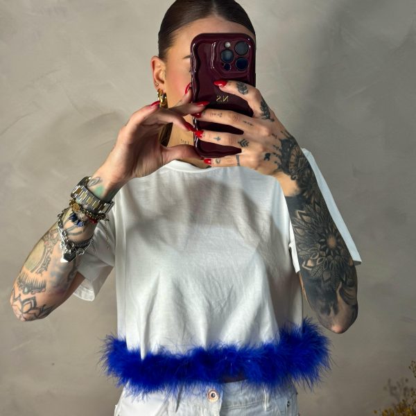 Top manga corta plumas azules